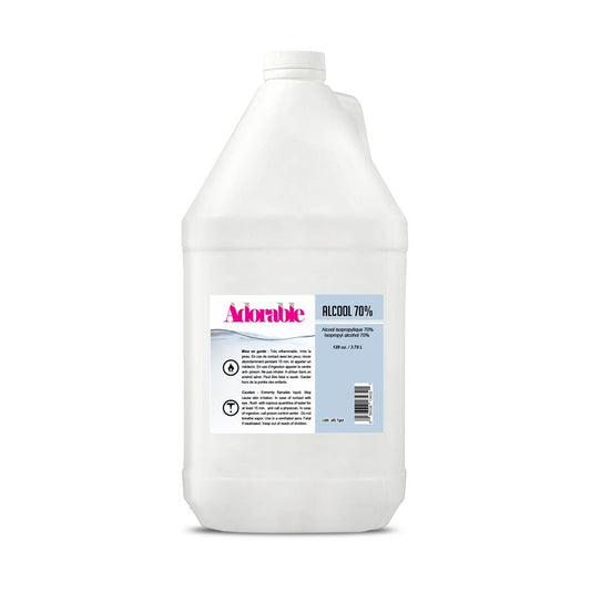 70% Isopropyl Alcohol 1 gallon (3.78L) container for cleaning and disinfecting tools, surfaces, and more. Large plastic bottle with liquid inside