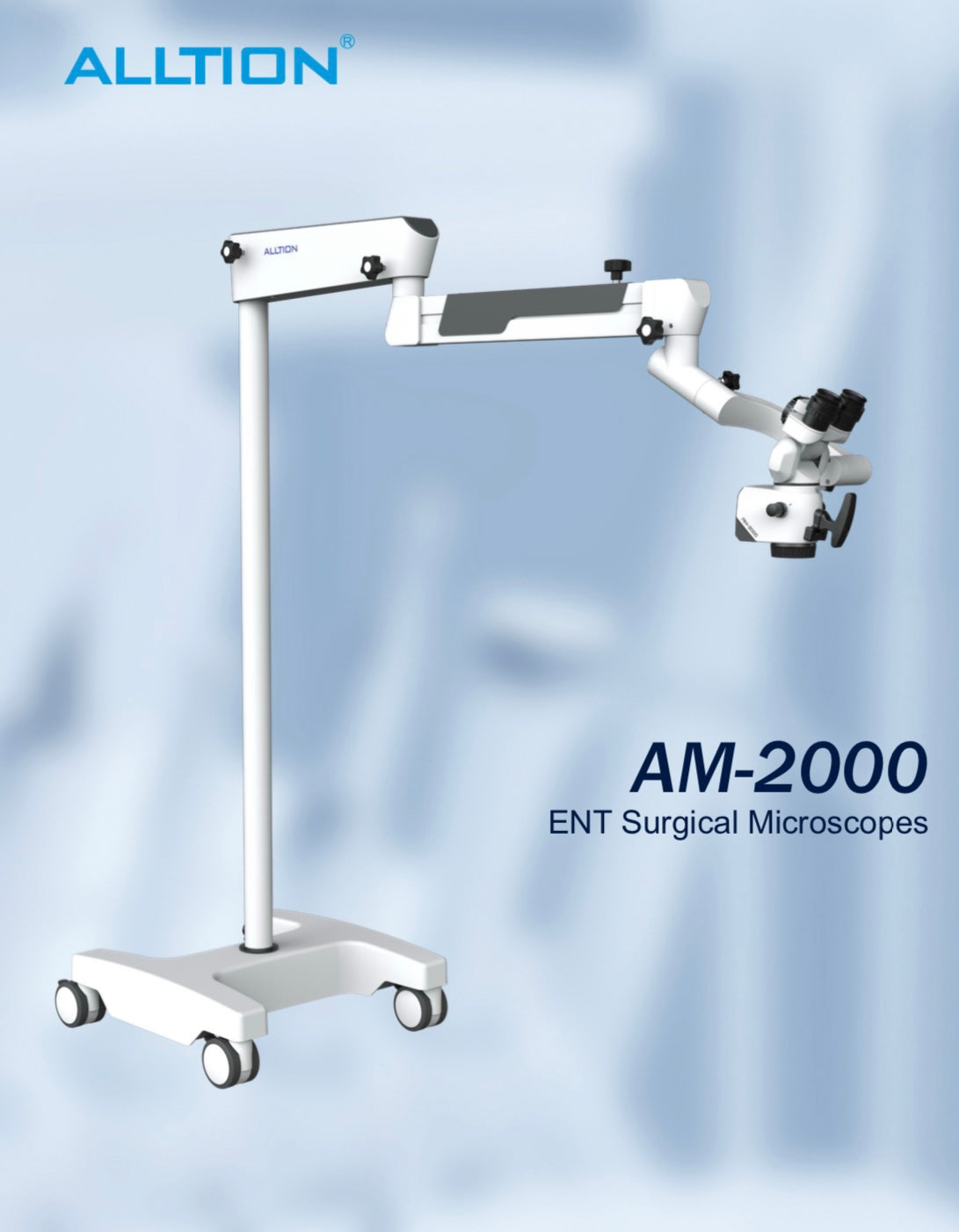 "Alltion AM2000E Microscope with advanced optics for The Alltion AM2000E Microscope offers precision imaging for detailed work in medical, beauty, and scientific fields. This microscope head is mounted on three arms attached to a 3' vertical pole on a base with wheels, for easy maneuvering."