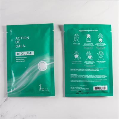 "An easliy opened pouch of BioLumi BioCellulose Brightening Mask by Action de Gala, a hydrating and brightening facial mask, available at A & E Beauty Supplies"