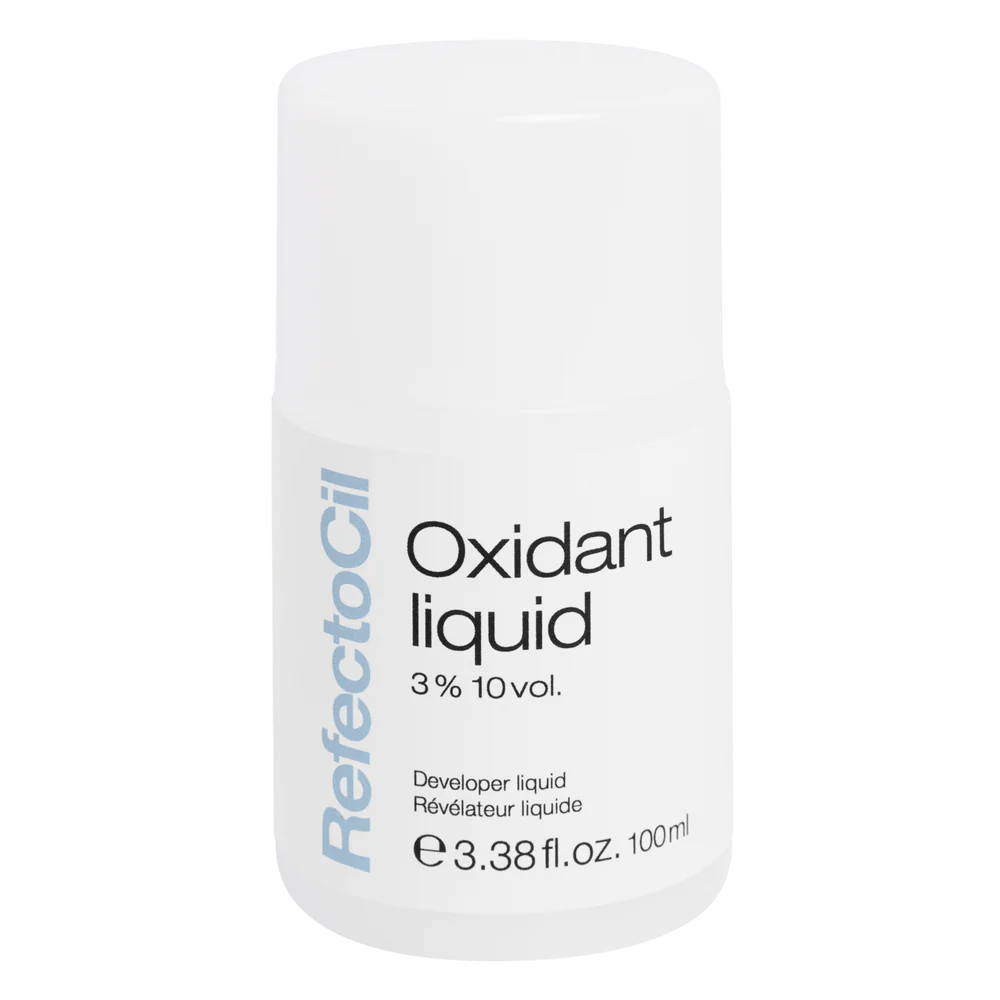 White 100ml bottle of RefectoCil Liquid Oxidant with a blue label, formulated for mixing with RefectoCil tints to activate color for lash and brow treatments.
