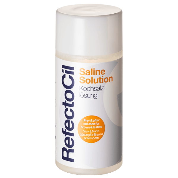 RefectoCil Saline Solution 11 ml bottle for eyelash and eyebrow tinting, used to cleanse and optimize tint results, clear liquid. Round plastic container with orange and blue lettering
