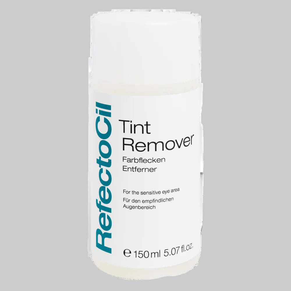 White 150ml bottle of RefectoCil Tint Remover with a blue label, designed to gently remove excess tint from the skin after eyelash and eyebrow tinting treatments.