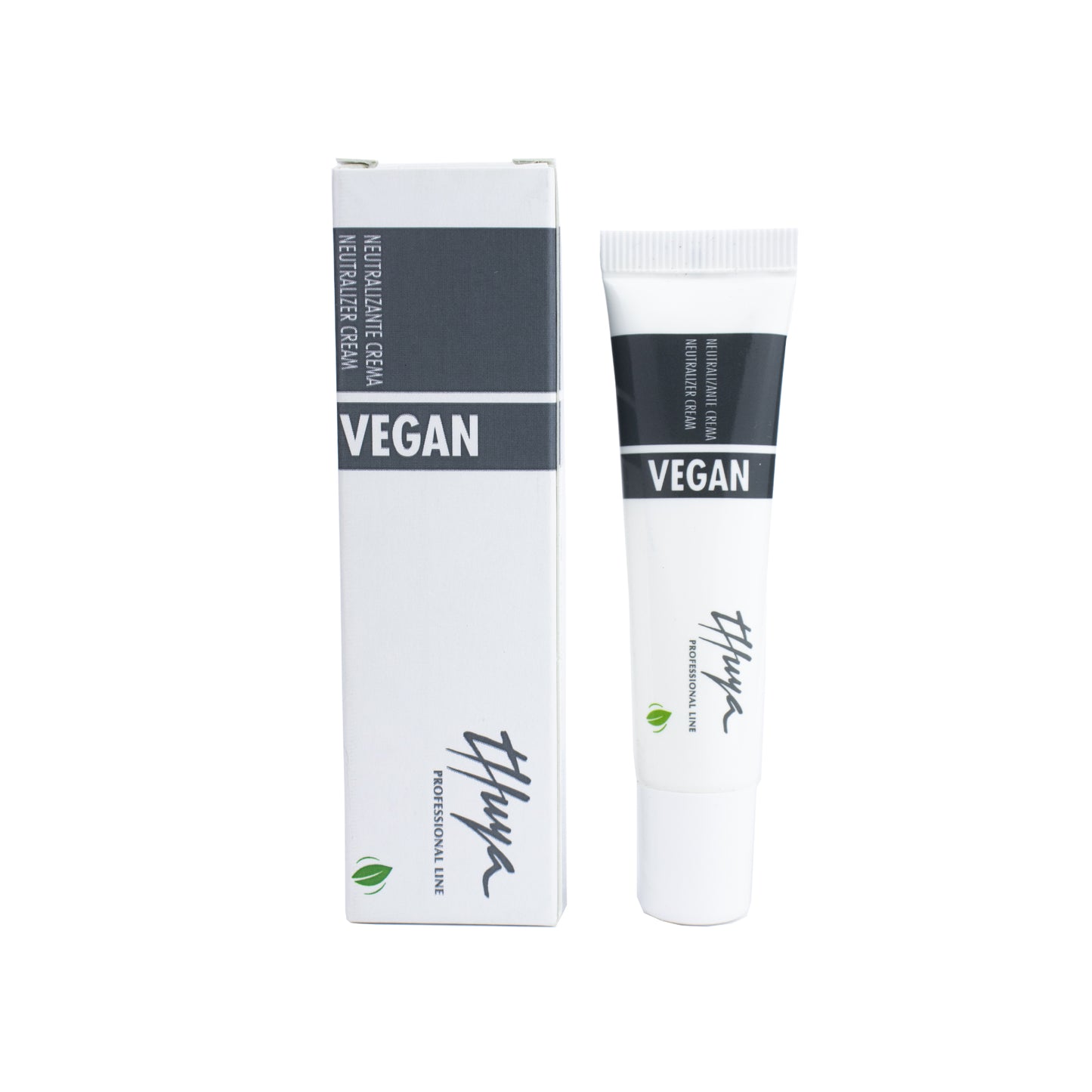 Thuya Vegan Lash & Brow Neutralizer Cream, a creamy solution used to neutralize and set lash and brow perms, providing long-lasting results. White tube in a cardboard box with grey letters