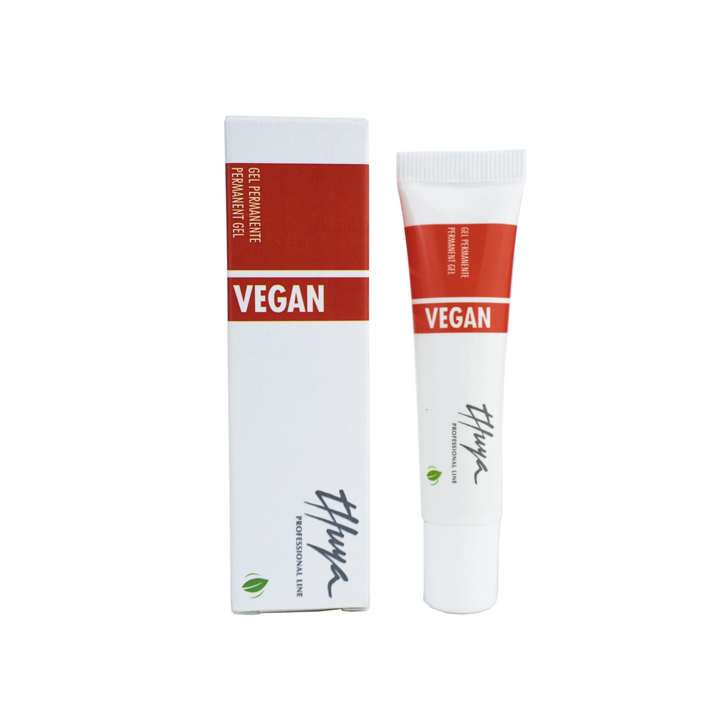 Thuya Vegan Lash & Brow Permanent Gel, vegan-friendly product for perming lashes and brows, available at A & E Beauty Supplies. White bottle with red in a box