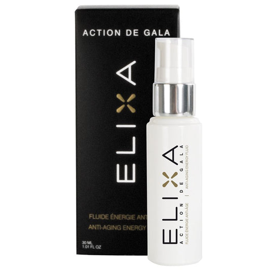 A bottle of Action de Gal, Elixa Energy Fluid designed to energize and hydrate skin, ideal for revitalizing tired and stressed skin during facial treatments, available at A & E Beauty Supplies