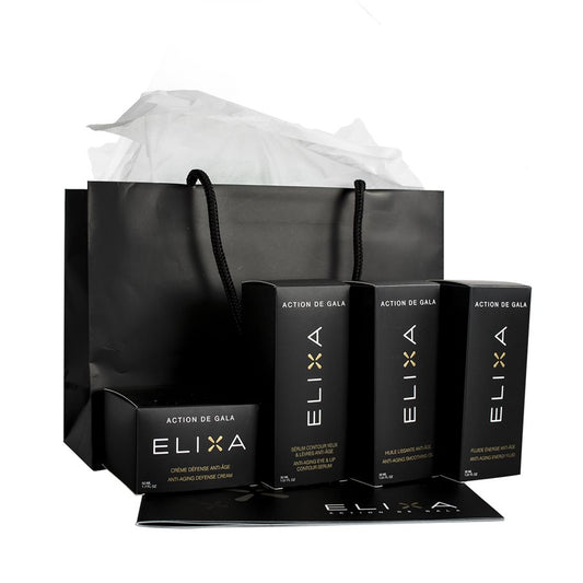 "Action de Gala Elixa Promotional Kit featuring a selection of anti-aging skincare products for rejuvenating and hydrating skin, ideal for salon and spa services, available at A & E Beauty Supplies
The Elixa anti-aging set includes:
Eye-Lip Radiance Serum
Energy Fluid
Smoothing Oil
Defense Cream"