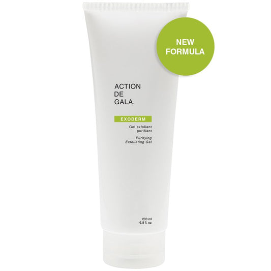 "A bottle of Action de Gala Exoderm Purifying Exfoliating Gel designed to cleanse, exfoliate, and refresh skin, ideal for facials and professional skincare treatments, available at A & E Beauty Supplies"