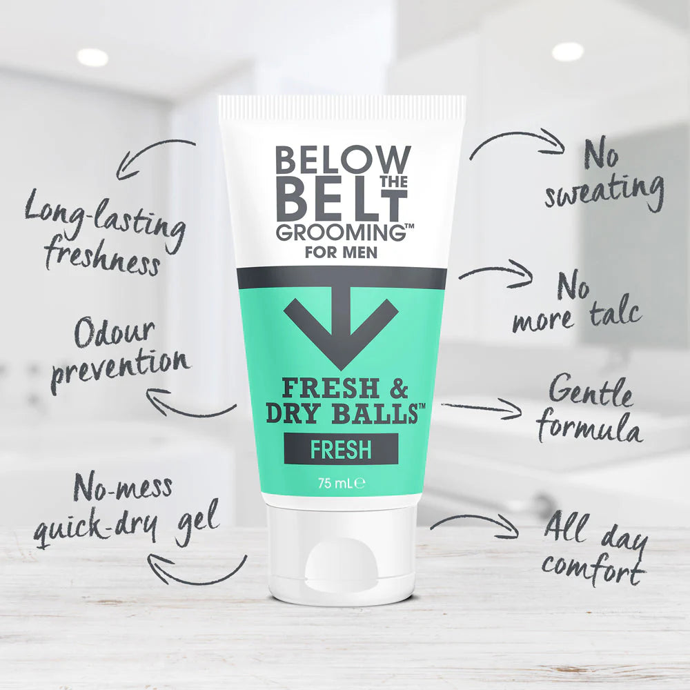 A tube of Below The Belt Grooming for Men (75ml), a refreshing and protective grooming product, available at A & E Beauty Supplies
Our Fresh& Dry Balls™ Fresh 75ml & 150ml fragrance is a sparkly clean, oceanic scent. Think sea breeze, fresh.