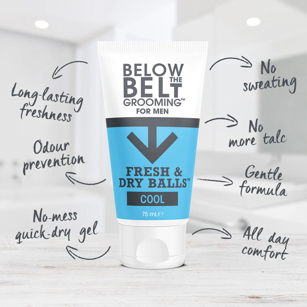A tube of Below The Belt Grooming for Men (75ml), a refreshing and protective grooming product, available at A & E Beauty Supplies
Our Fresh& Dry Balls™ Fresh 75ml & 150ml fragrance is a sparkly clean, oceanic scent. Think sea breeze, fresh.