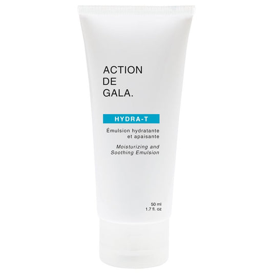 "A bottle of Hydra-T Moisturizing Emulsion by Action de Gala designed to hydrate and nourish the skin, ideal for facials and professional skincare treatments, available at A & E Beauty Supplies in a white sleek bottle with hard white cap with clean lettering"