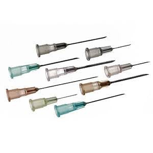 "Box of 25G hypodermic needles for ingrown hair removal during electrolysis, white packaging."