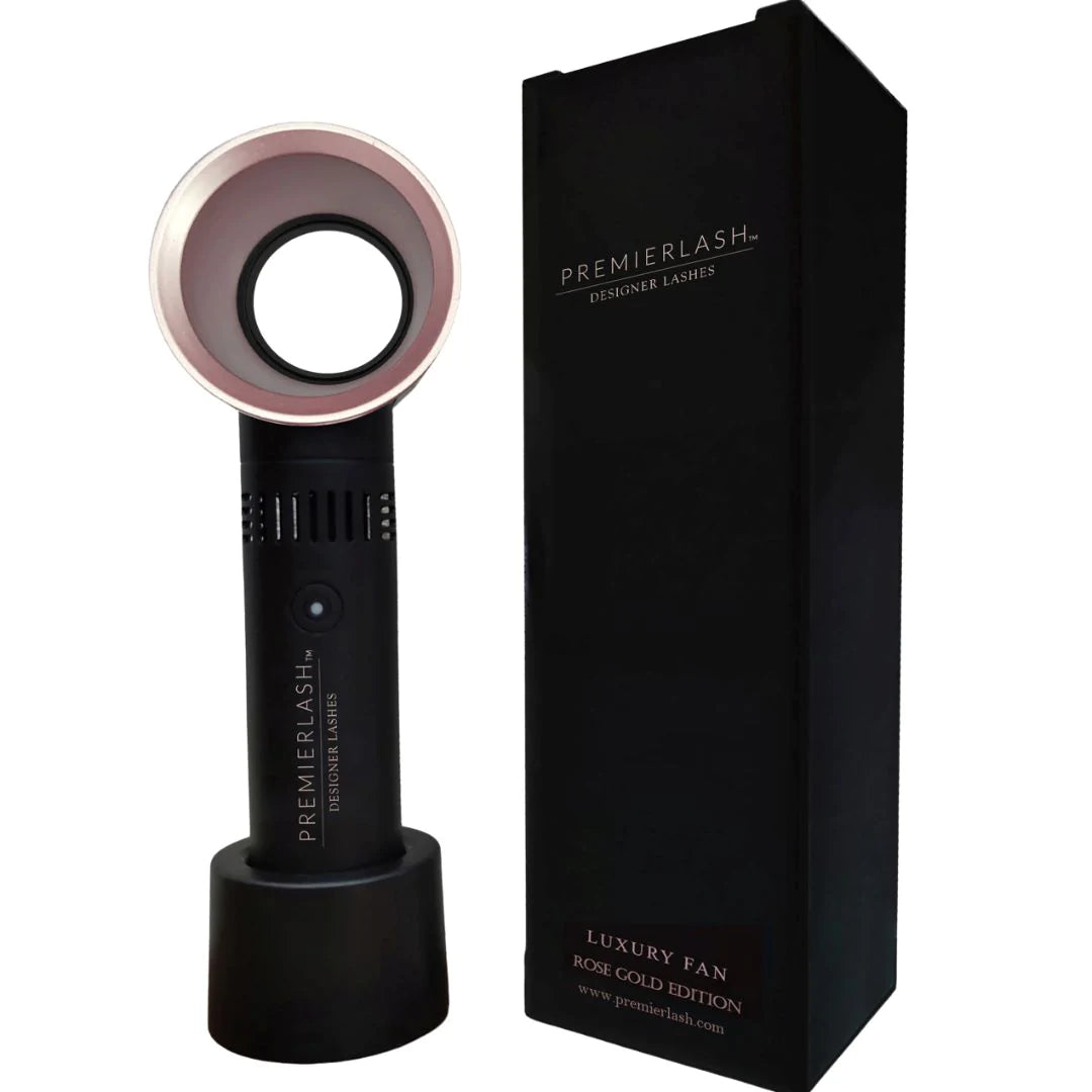 PremierLash Lash Fan by A & E Beauty Supplies, portable bladeless fan with noise-cancelling technology for efficient lash drying. open cycle on top of a stand.
