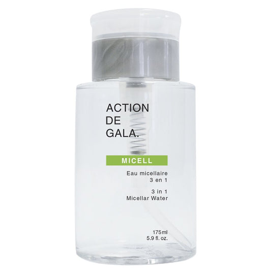 "A white 175ml bottle of Micell 3-in-1 Micellar Water by Action de Gala, a multifunctional cleanser and toner suitable for all skin types, available at A & E Beauty Supplies"