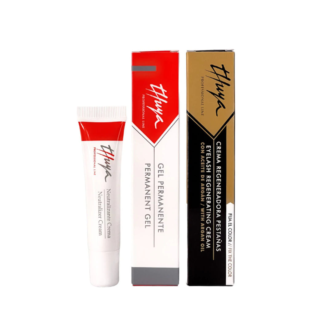 A stylish, white box containing the Thuya Brow Lamination Kit. The kit includes essential brow treatment products such as brow gel, a neutralizer, and nourishing oil, all in sleek, clear bottles with black and gold detailing. The products are arranged neatly, with the box featuring a modern, minimalist design. The background is clean and bright, highlighting the premium quality of the kit. Brows, lashes, Threading microblading extensions
Brow gel to shape and lift your brows
Neutralizer to set and hold