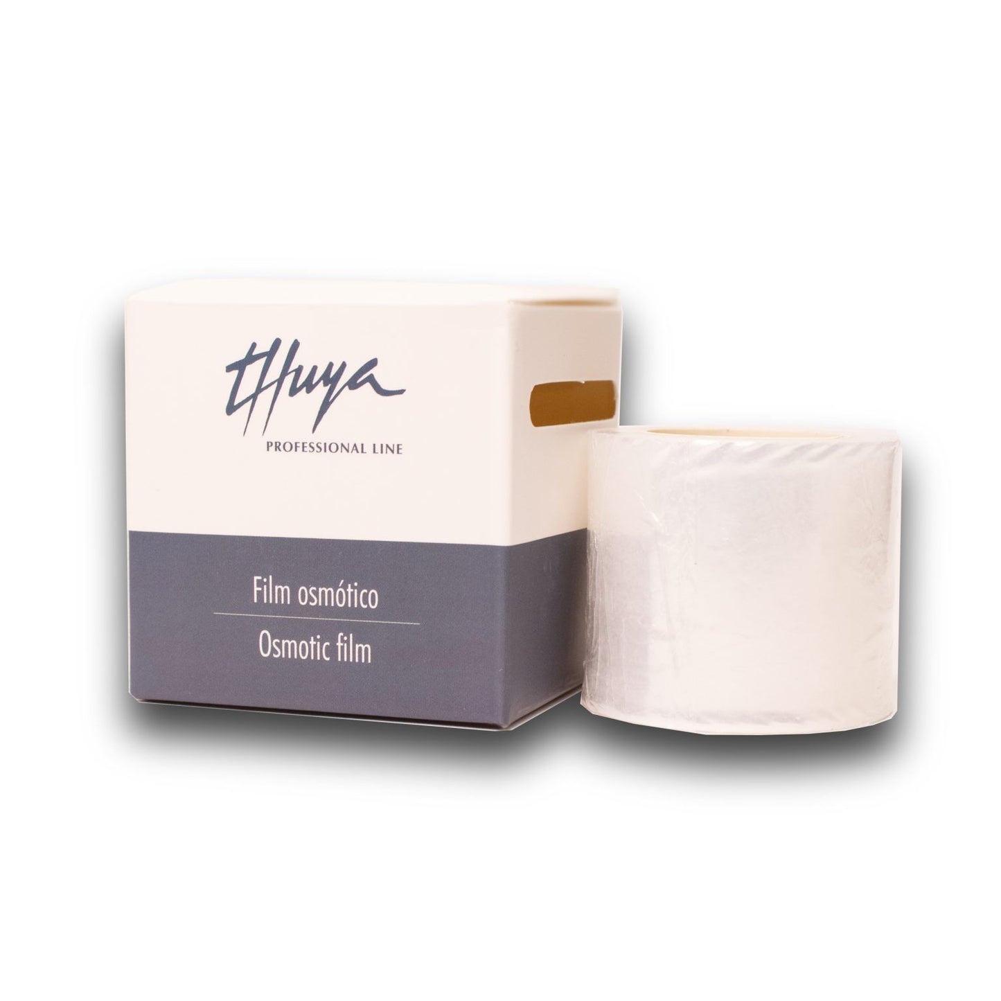 Thuya Plastic Osmotic Film, 42mm x 200mm, for use in brow lamination and lash lifting treatments, A roll in a box with display on a clean, neutral background.