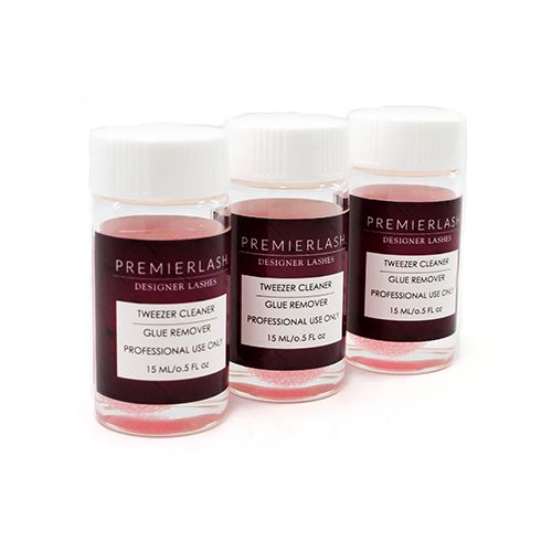 PremierLash Tweezers Cleaner Glue Remover in a compact, practical container, ideal for removing adhesive residue from lash tools, on a red background