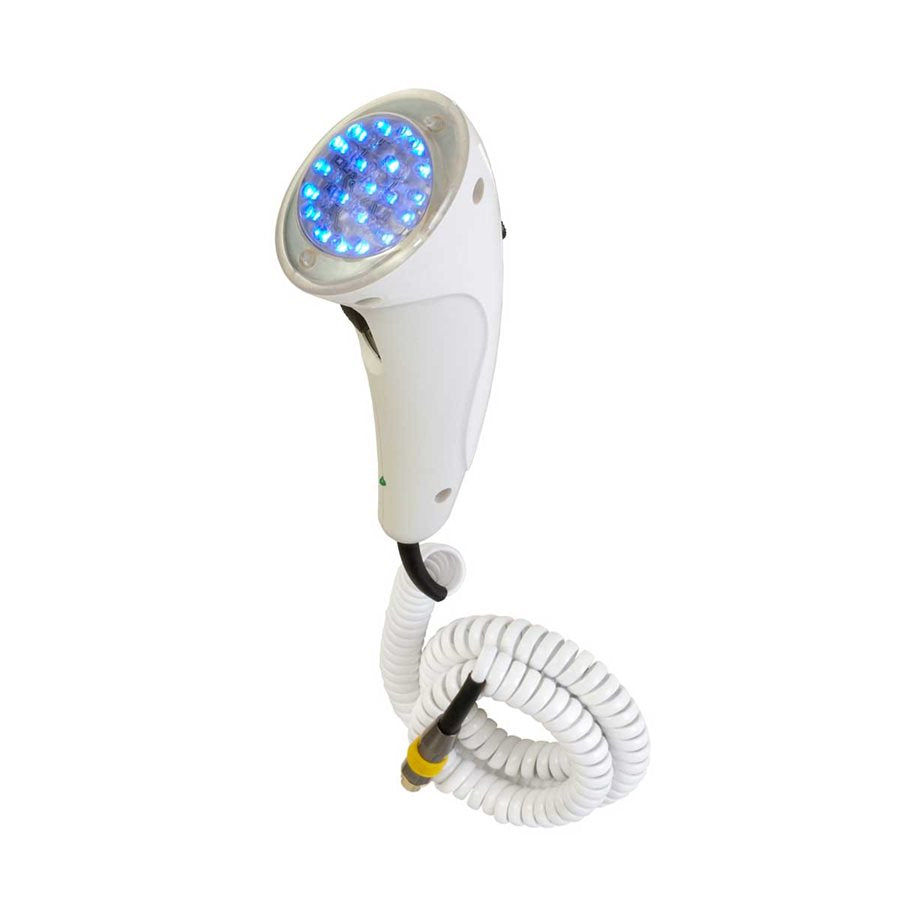 "The Vitali-T Vitaphase LT is a light therapy device with a sleek, ergonomic design. It features 21 LED diodes that emit red, green, and blue light to target skin issues like acne, redness, and aging. The device is portable and can be connected to Dectro devices."
