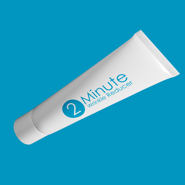 "A white bottle with a white cap on a blue background. 2-Minute Wrinkle Reducer with a sleek design, ideal for reducing fine lines, wrinkles, and puffiness, available at A & E Beauty Supplies"