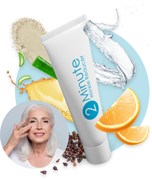 "A white bottle with a white cap on a display of citrus fruit and blue circle. 2-Minute Wrinkle Reducer with a sleek design, ideal for reducing fine lines, wrinkles, and puffiness, available at A & E Beauty Supplies"