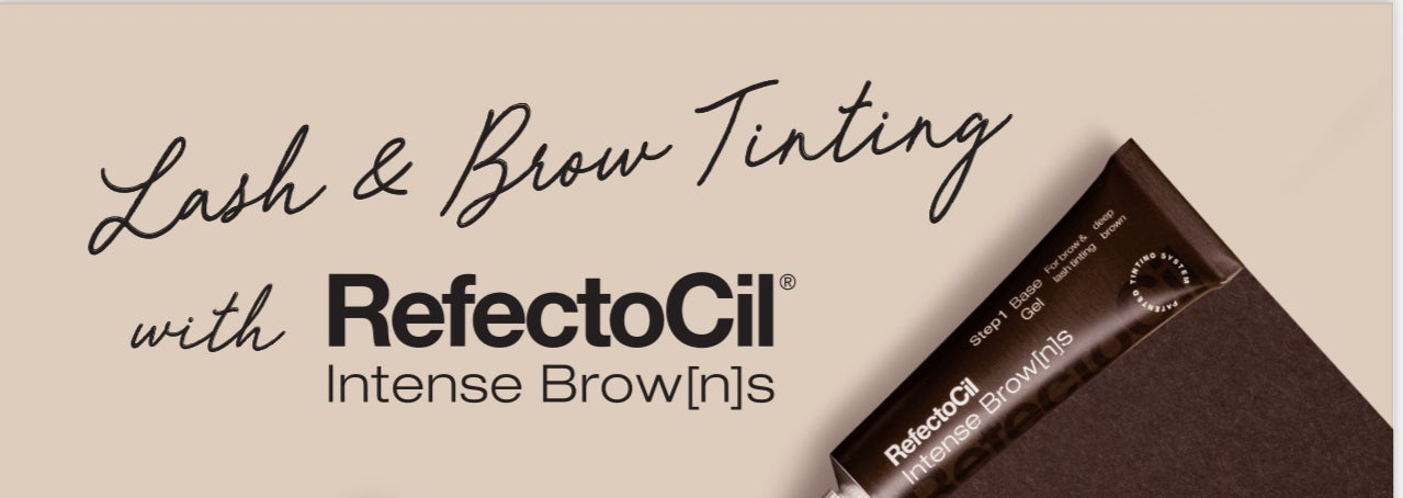 Promotional flyer for RefectoCil lash and brow tinting with Intense Brown[n]s, featuring product packaging 