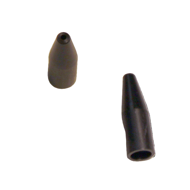 Two black cone-shaped objects on a white background