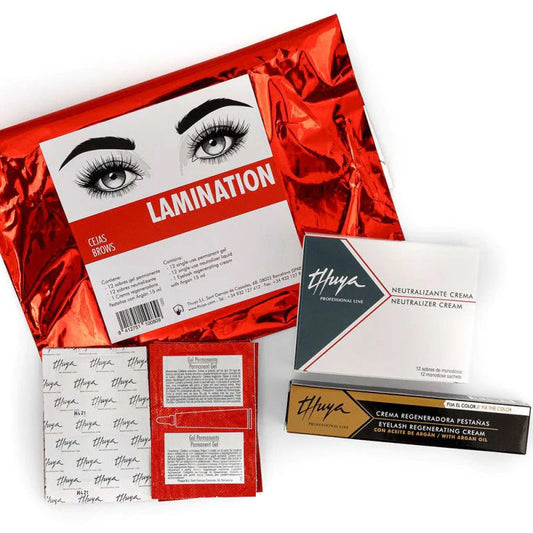Shiny red package of Thuya Eyebrow Lamination Kit - Monodose, with items in front - neutralizer cream, argan cream, & permanent gel.