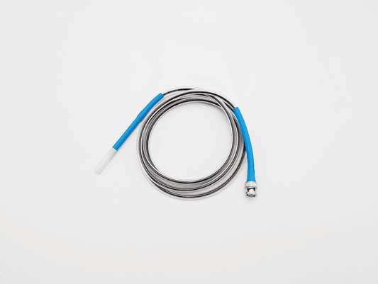 Coiled cable with blue connector on a white background