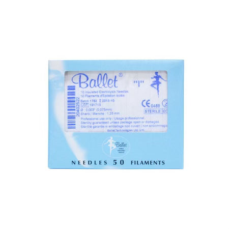 "Ballet Filaments - Box of 50 for Electrolysis Hair Removal | A & E Beauty Supplies. blue box with 50 electrolysis needles "