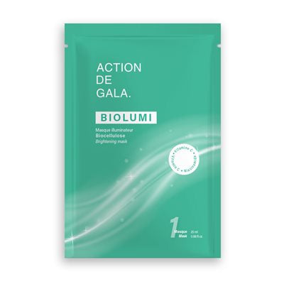 "An easliy opened pouch of BioLumi BioCellulose Brightening Mask by Action de Gala, a hydrating and brightening facial mask, available at A & E Beauty Supplies"
