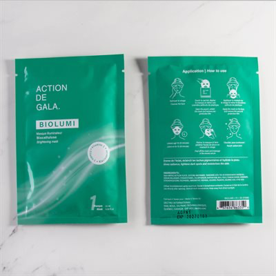 "An easliy opened pouch of BioLumi BioCellulose Brightening Mask by Action de Gala, a hydrating and brightening facial mask, available at A & E Beauty Supplies"

