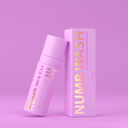 Foaming cleanser Brow Daddy Numb Wash - 50ml from A & E Beauty Supplies for PMU procedures. Perfect for all procedures like for brows, lips
Apply 1-2 pumps per treatment area on broken skin. Apply clear wrap on top and leave on for 1-3 minutes for maximum strength. Avoid direct eye contact. Pink box with pink bottle with reflective letters