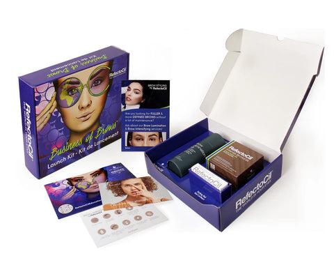 "Business of Brows Kit from A & E Beauty Supplies, featuring brow products, lamination tools, and marketing essentials."
