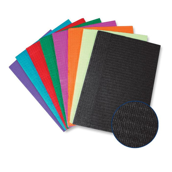 "Disposable Vivid Dental Bibs in black, available in two quantity options, perfect for beauty salons and medical use, displayed on a clean, neutral background."
