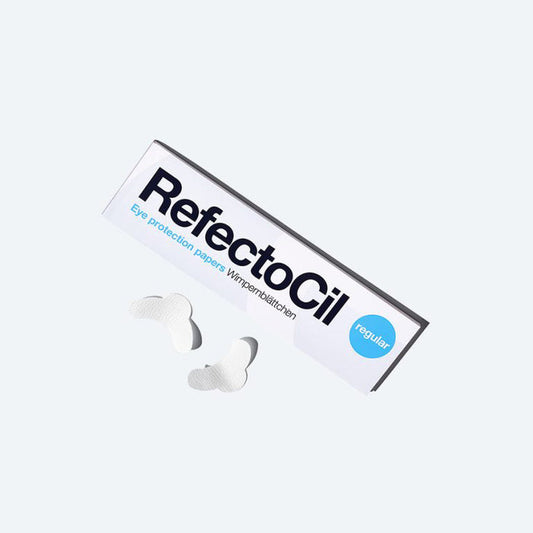 RefectoCil Eye Protection Papers, curved pads for shielding the skin under the eyes during lash tinting, ensuring comfort and cleanliness. Eye shields in a cardboard box.