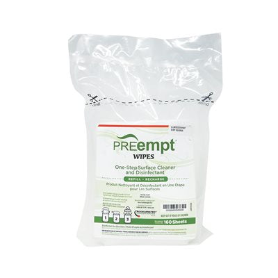 "Preempt RTU Wipes in a convenient, easy-to-use container, designed for professional surface disinfecting. soft plastic container with sheets that all out from the top for refilling hard container"