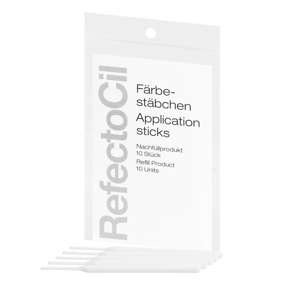 "RefectoCil Application Stick Refill (10-pack) from A & E Beauty Supplies, ideal for precise tint application in salons.White soft pouch package.