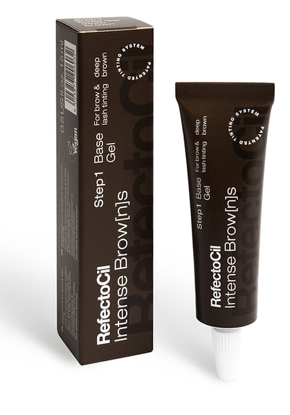 "RefectoCil Base Gel for Intense Browns treatments, essential for rich, lasting lash and brow color preparation.Lasts for up to 6 weeks
Dermatologically &amp; ophthalmologically tested
Semi-permanent make-up effect for fuller looking brows
Not tested on animals. brown tube inside of a box with white lettering"