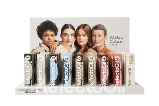 RefectoCil Display Lash & Brow Tints – 36 tints in a display set for professional brow and lash tinting, available at A & E Beauty Supplies.