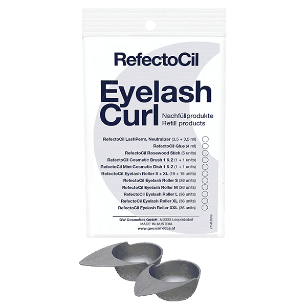 RefectoCil Eyelash Curl Mini Cosmetic Dish Set 1 & 2 for Lashperm and Neutralizer, available at A & E Beauty Supplies.