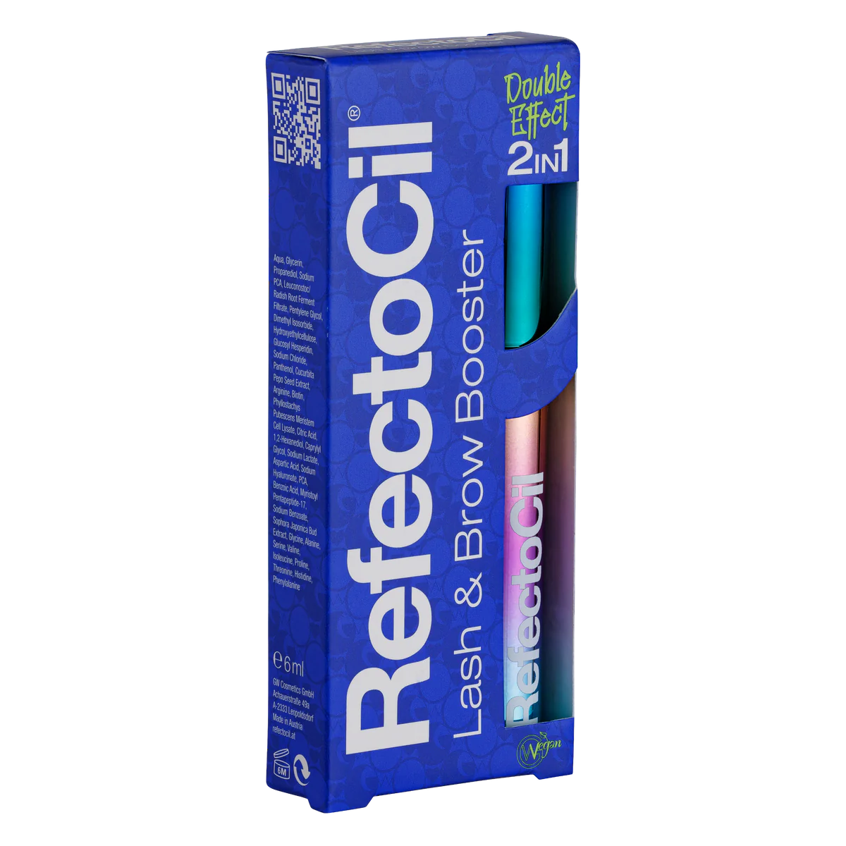 "RefectoCil Lash & Brow Booster (6ml) from A & E Beauty Supplies for enhancing lash length and brow fullness.This 2-in-1 serum nourishes and enhances lashes and brows, this bulue box with rainbow containers inside"