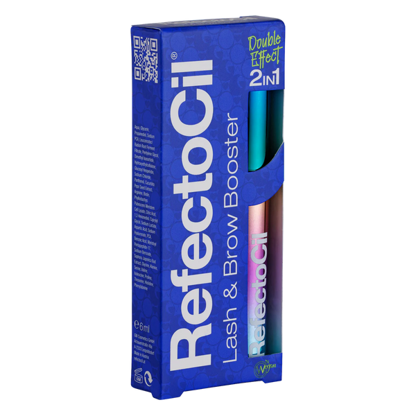 "RefectoCil Lash & Brow Booster (6ml) from A & E Beauty Supplies for enhancing lash length and brow fullness.This 2-in-1 serum nourishes and enhances lashes and brows, this bulue box with rainbow containers inside"