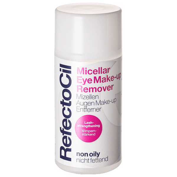 "RefectoCil Micellar Eye Make-Up Remover Non-Oily 150ml for gentle, effective makeup removal and lash care – A & E Beauty Supplies. White round bottle with pin lettering"