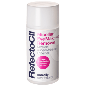 "RefectoCil Micellar Eye Make-Up Remover Non-Oily 150ml for gentle, effective makeup removal and lash care – A & E Beauty Supplies. White round bottle with pin lettering"