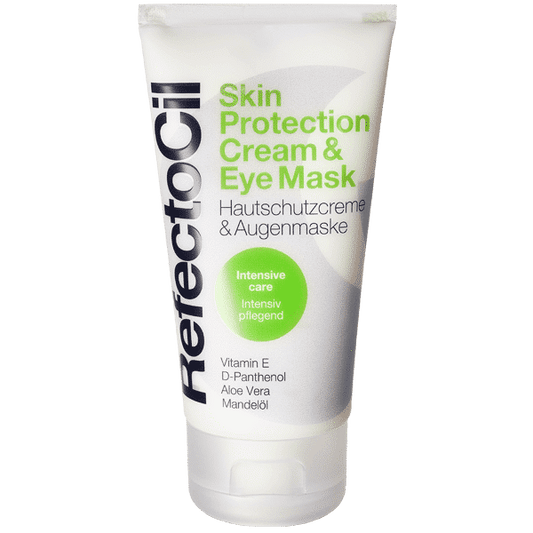 RefectoCil Skin Protection Cream tube with vitamin E, aloe vera, and sweet almond oil for tinting protection - A & E Beauty Supplies. White squeeze tube with hard white cap