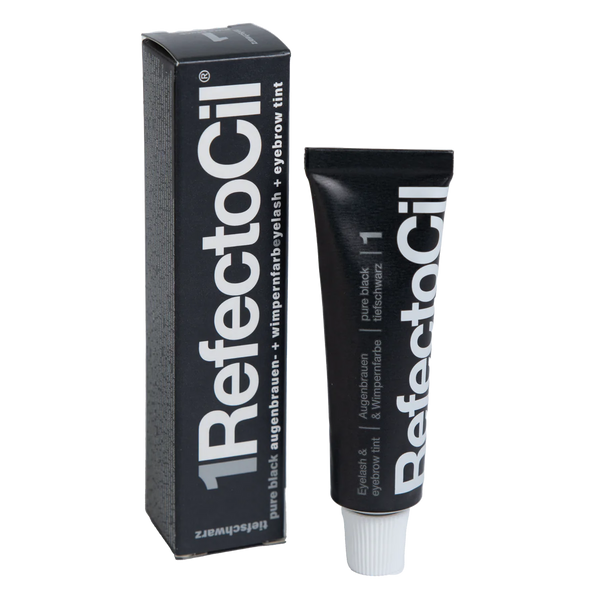 RefectoCil Tint in various shades. Each tube is color-coded to match the tint shade, and the packaging features the RefectoCil logo and product name in bold lettering. The tints are used for brow tinting and lash tinting services, offering a wide range of colors to suit different client preferences. The tubes are arranged on a clean, white background to emphasize the variety and high-quality of the product. Pure black