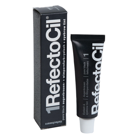 RefectoCil Tint in various shades. Each tube is color-coded to match the tint shade, and the packaging features the RefectoCil logo and product name in bold lettering. The tints are used for brow tinting and lash tinting services, offering a wide range of colors to suit different client preferences. The tubes are arranged on a clean, white background to emphasize the variety and high-quality of the product. Pure black