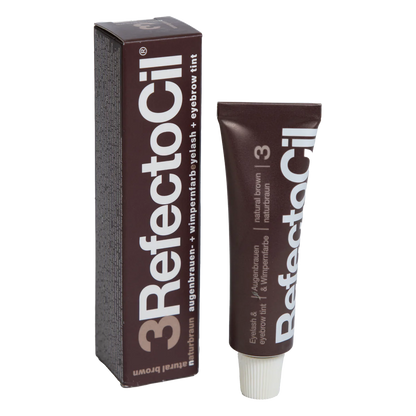 RefectoCil Tint in various shades. Each tube is color-coded to match the tint shade, and the packaging features the RefectoCil logo and product name in bold lettering. The tints are used for brow tinting and lash tinting services, offering a wide range of colors to suit different client preferences. The tubes are arranged on a clean, white background to emphasize the variety and high-quality of the proRefectoCil Eyelash & Eyebrow Cream Hair Tints. Natural brown eyelash tint. Natural brown eyebrow tint. 15ml