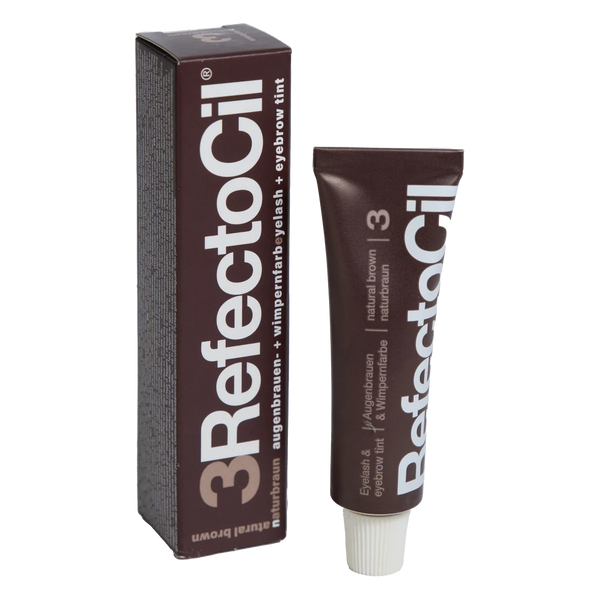 RefectoCil Tint in various shades. Each tube is color-coded to match the tint shade, and the packaging features the RefectoCil logo and product name in bold lettering. The tints are used for brow tinting and lash tinting services, offering a wide range of colors to suit different client preferences. The tubes are arranged on a clean, white background to emphasize the variety and high-quality of the proRefectoCil Eyelash & Eyebrow Cream Hair Tints. Natural brown eyelash tint. Natural brown eyebrow tint. 15ml