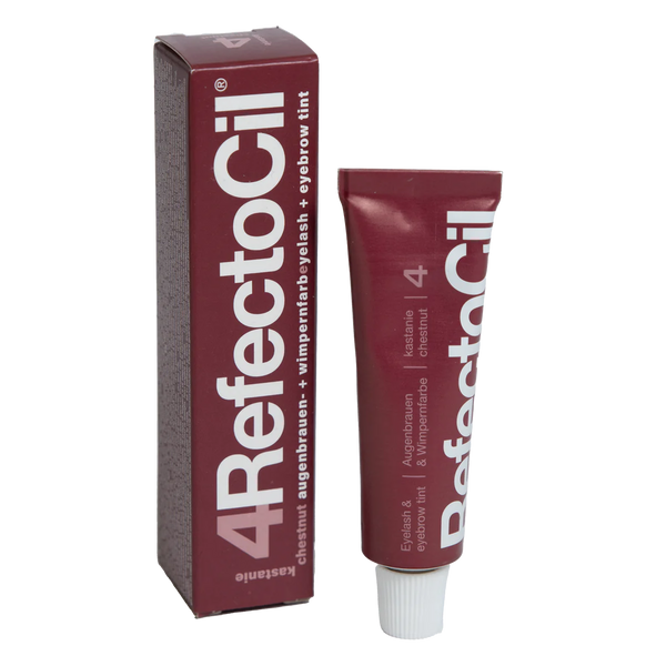 RefectoCil Tint in various shades. Each tube is color-coded to match the tint shade, and the packaging features the RefectoCil logo and product name in bold lettering. The tints are used for brow tinting and lash tinting services, offering a wide range of colors to suit different client preferences. The tubes are arranged on a clean, white background to emphasize the variety and high-quality of the product. RefectoCil Eyelash & Eyebrow Cream Hair Tints.  Chestnut Eyelash tint, Chestnut Eyebrow tint 15 ml