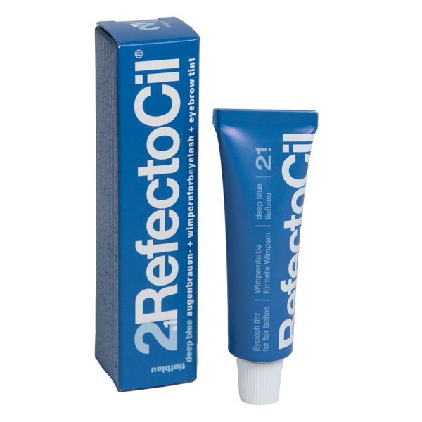 RefectoCil Tint in various shades. Each tube is color-coded to match the tint shade, and the packaging features the RefectoCil logo and product name in bold lettering. The tints are used for brow tinting and lash tinting services, offering a wide range of colors to suit different client preferences. The tubes are arranged on a clean, white background to emphasize the variety and high-quality of the product. RefectoCil Eyelash & Eyebrow Cream Hair Tints.  Deep blue Eyelash tint. Deep Blue eyebrow tint 15ml